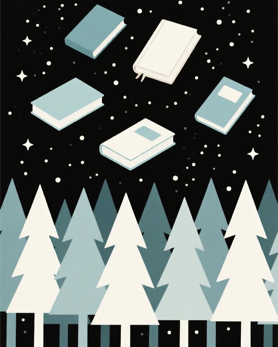 A library with floating books floating above a forest suspended in midair, surrounded by softly falling stardust, radiating wondrous imagination.