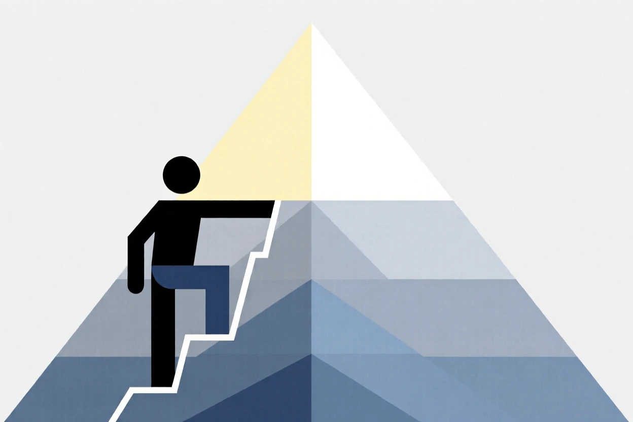 A person climbing toward a bright mountain peak