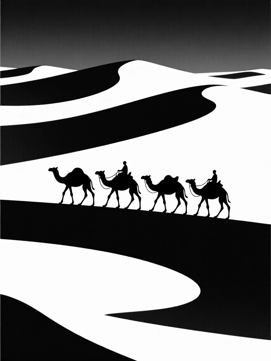 A lone camel caravan crossing the desert.