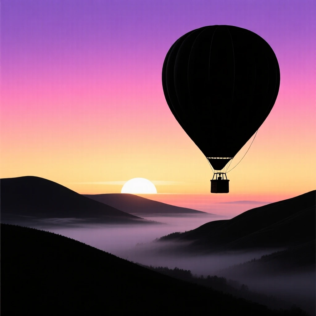 A single hot air balloon lifting off from a misty valley at dawn.