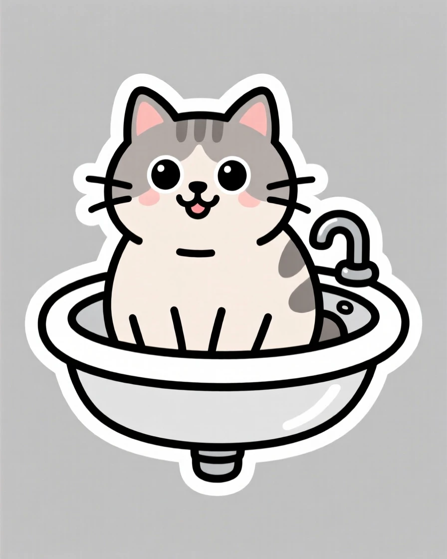 A delightfully relatable cat sitting perfectly inside a small sink, with an expression that melts hearts instantly, a small joyful moment worth capturing.