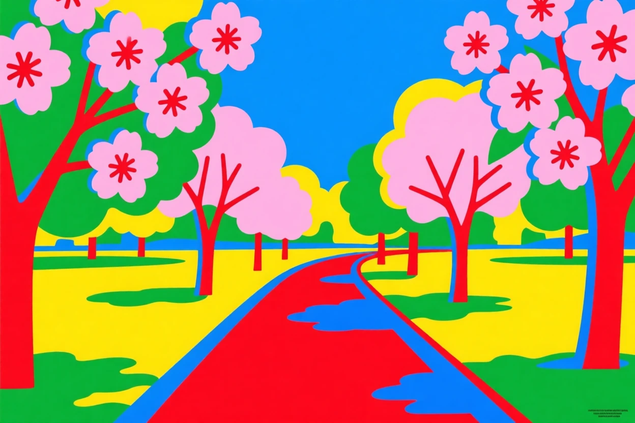 Cherry blossom lined pathway through a park