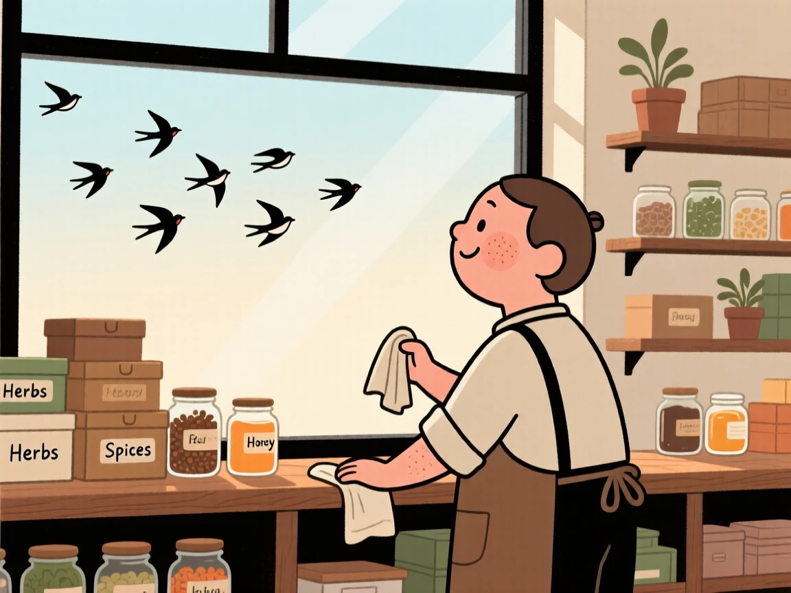 A busy shopkeeper pauses mid-chores to watch a flock of birds crossing the sky, a small smile crossing their face at the simple beauty of it.