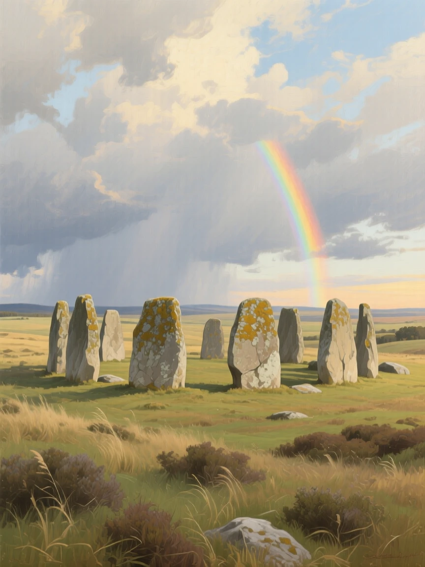 A wide establishing shot of an ancient stone circle standing silent on a windswept moor, in the American Midwest, under a rainbow after a storm.