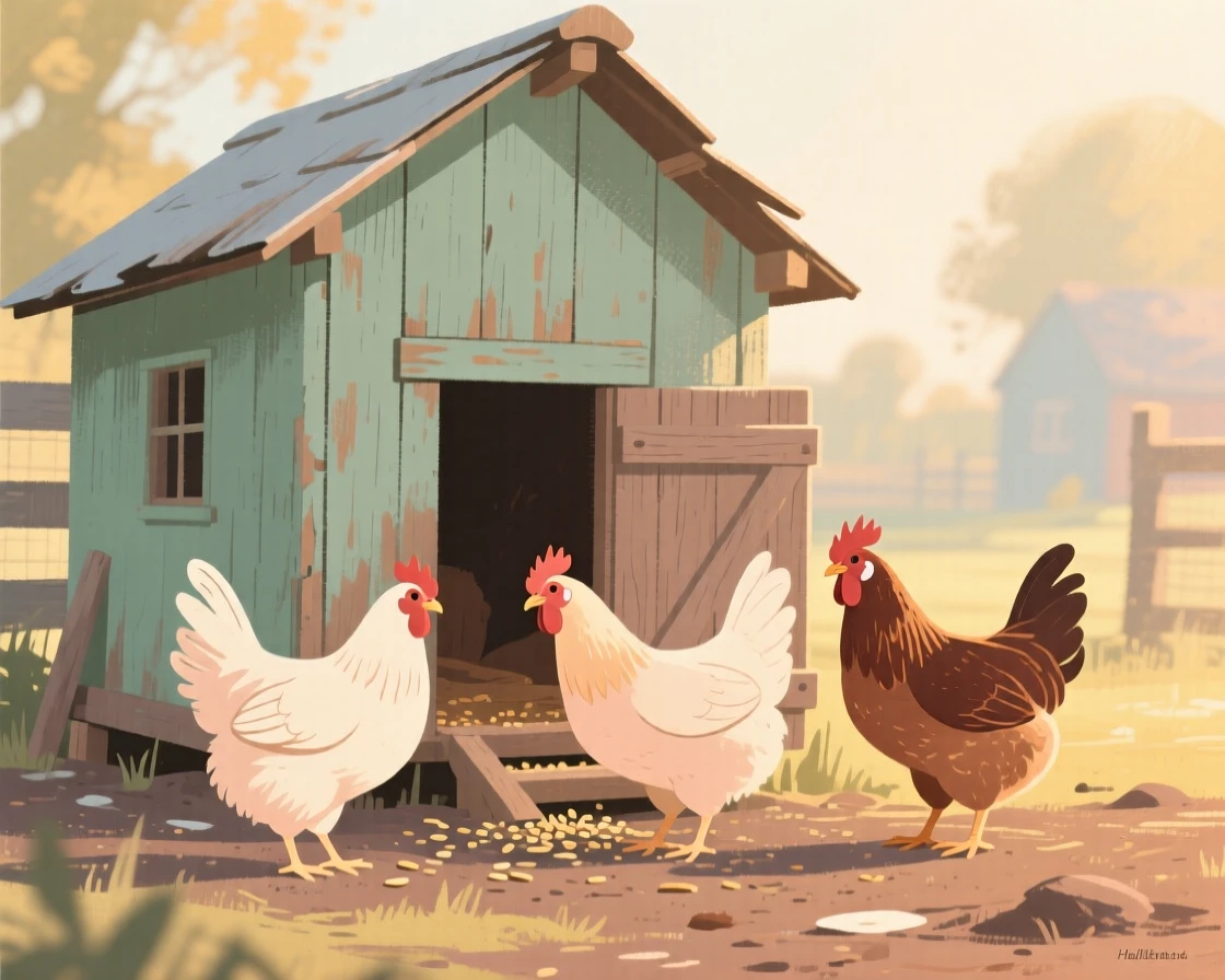 A farmyard scene with hens pecking around a wooden coop