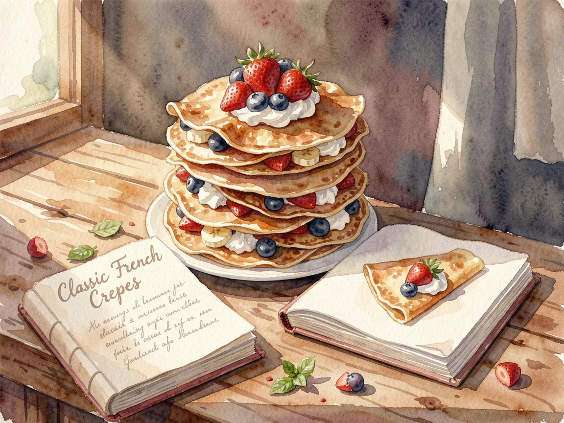 A stack of crepes filled with fruit and cream on a street food stall counter next to an open cookbook.