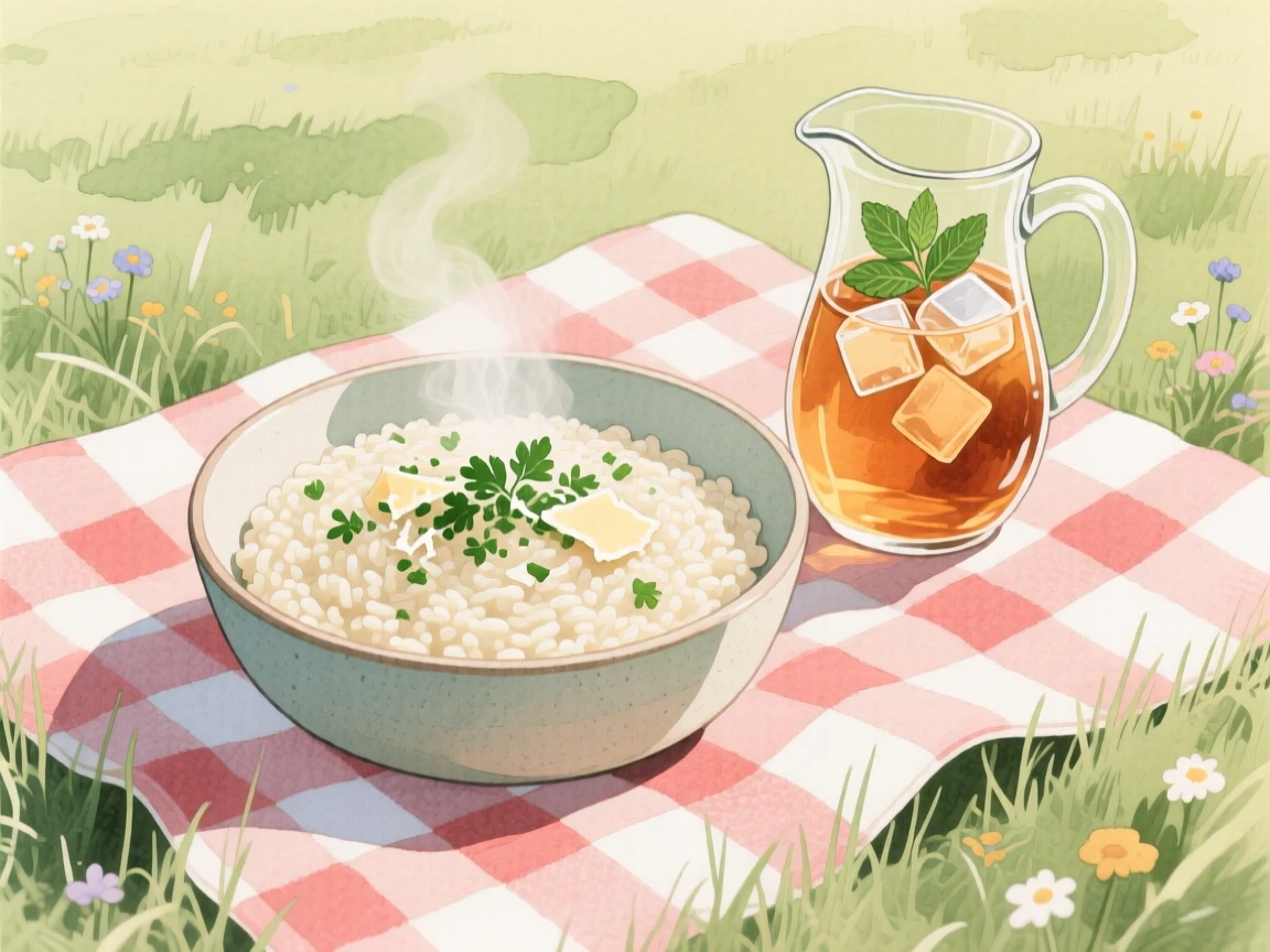 A bowl of creamy risotto sits beside a pitcher of iced tea on a picnic blanket in a meadow, arranged beautifully for a delightful meal