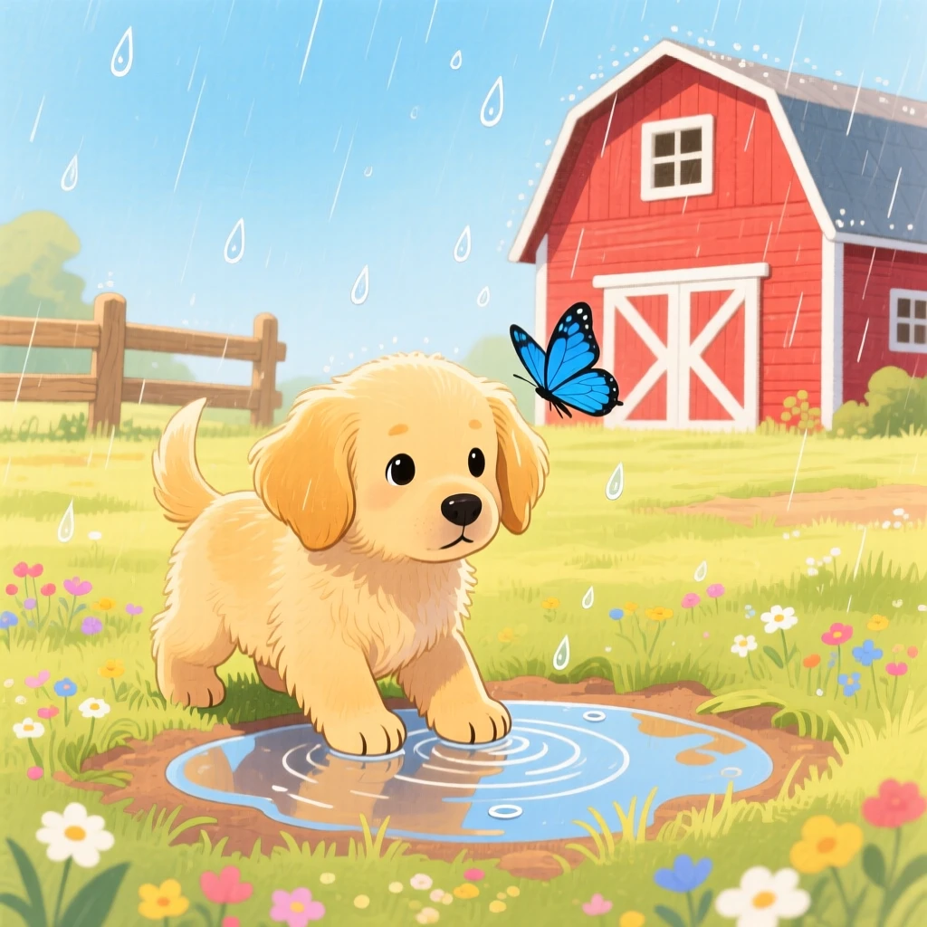 A fluffy golden retriever puppy discovering something new in a sunlit farmyard during a gentle rain.