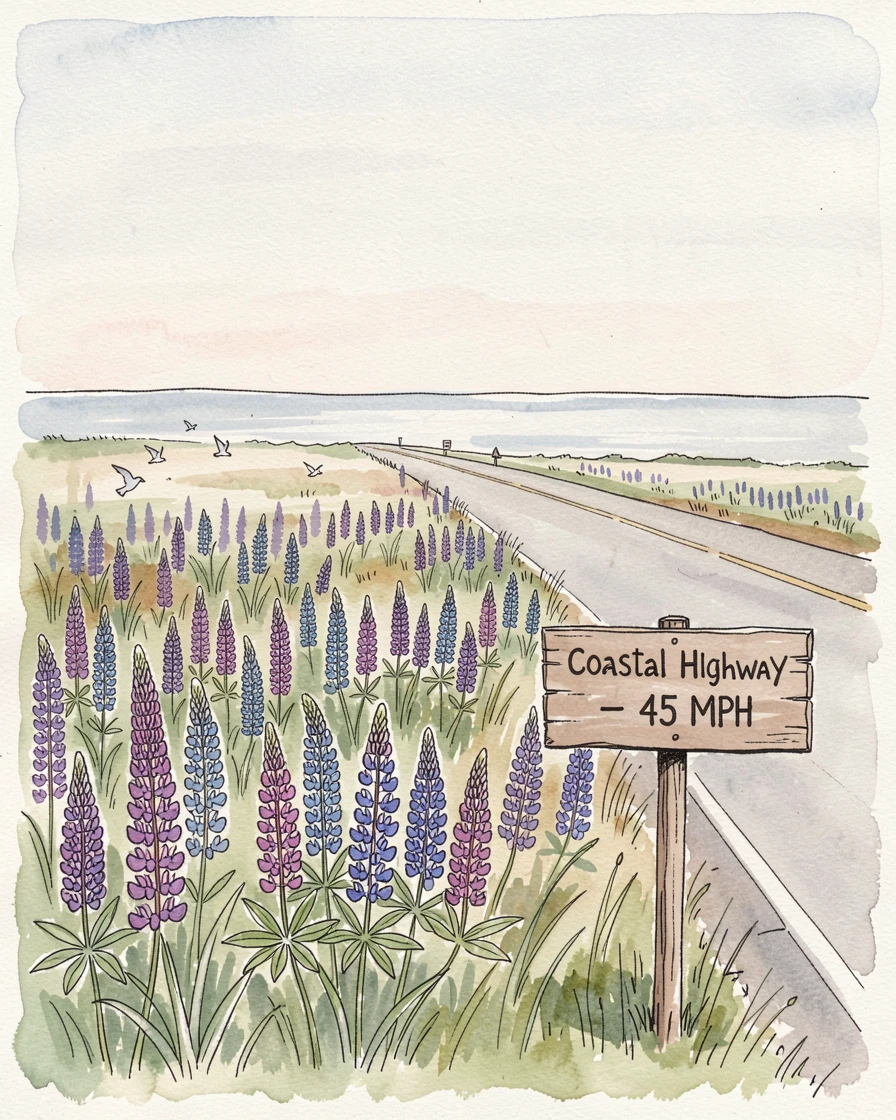 A field of wild lupine stretching along a coastal highway, birdsong drifting through the stillness of early morning.
