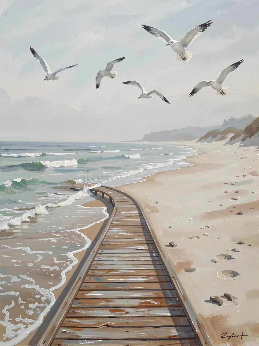 A wide, empty sandy beach, with a winding wooden boardwalk leading to the dunes, gulls wheeling overhead as waves roll gently onto the shore, in early morning fog, the coastline barely visible.