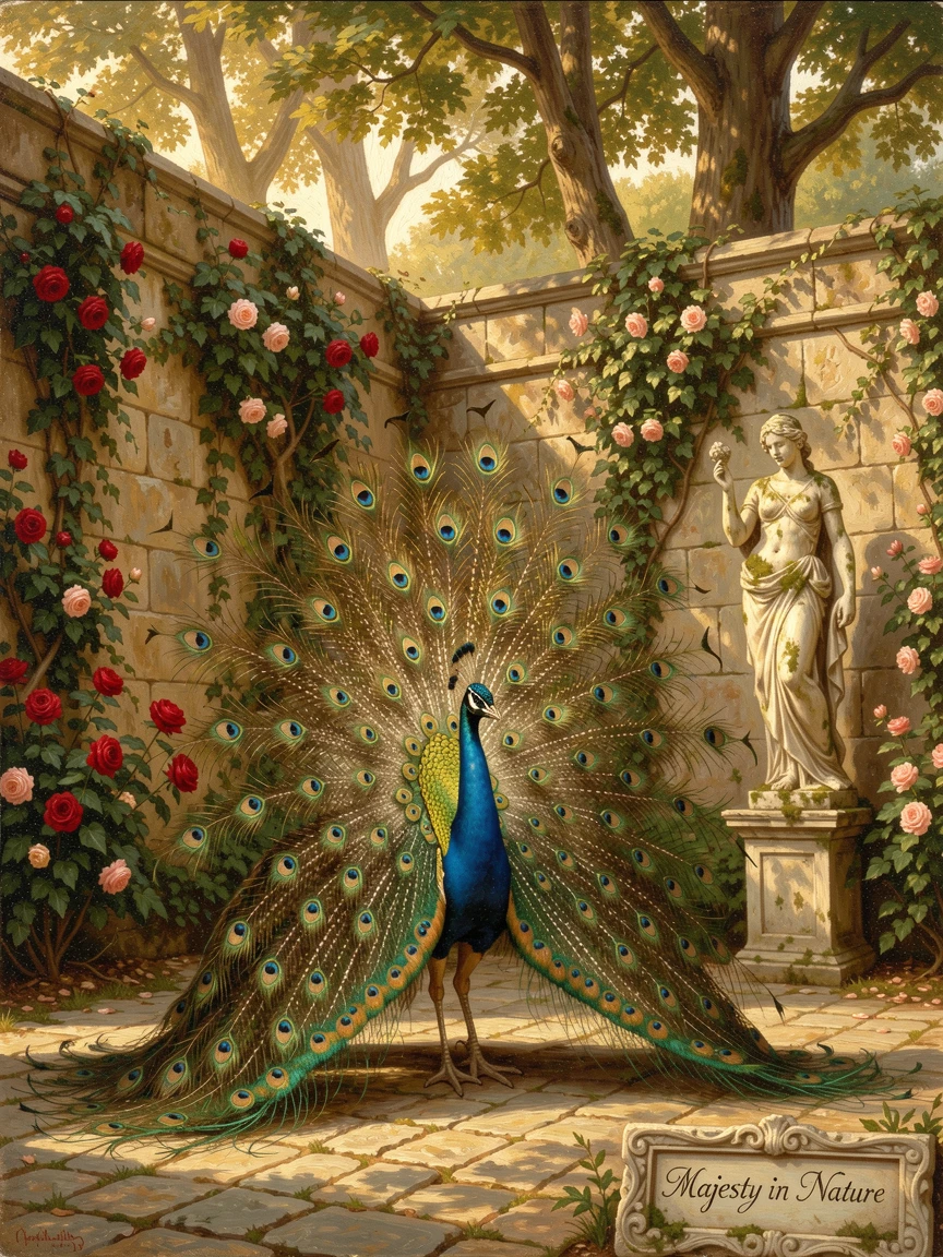 A peacock displays its feathers in a sunlit courtyard.
