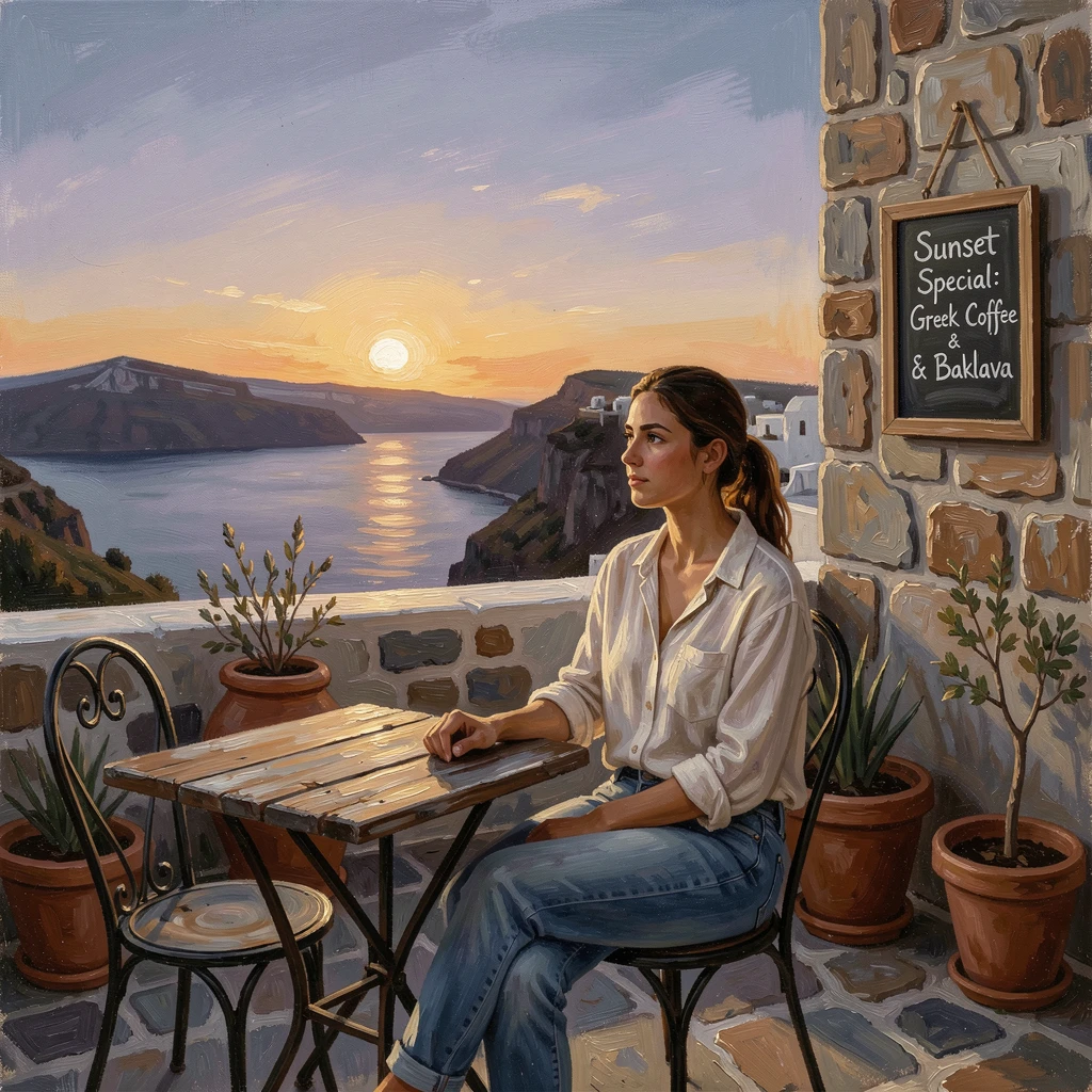 A solo traveler watching the sunset from a rooftop café in Santorini, with a sense of freedom and wonder evident in every detail, designed to transport the viewer straight into the journey