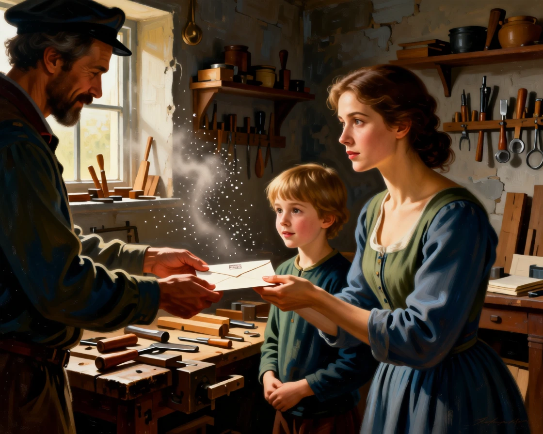A postman delivering a cherished letter to an eager household in a scene both modest and deeply human, set within a modest workshop filled with tools and warm light, with soft morning light catching dust and flour in the air; a tight, intimate framing draws focus to hands and faces at work, evoking dignity, warmth, and the quiet poetry of daily life.