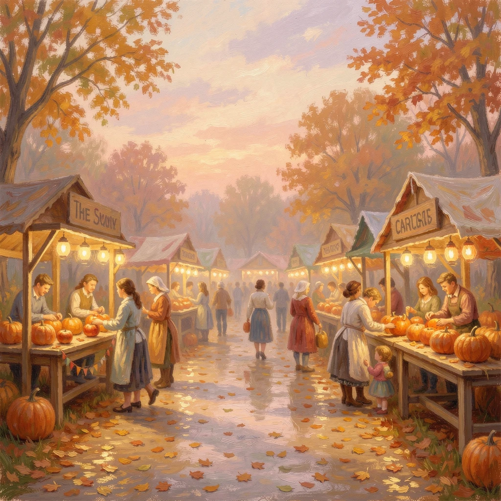 A community harvest festival with lantern-lit stalls, apple bobbing, and pumpkin carving under an autumn sky, in the golden days of autumn, radiating serenity and gentle stillness.