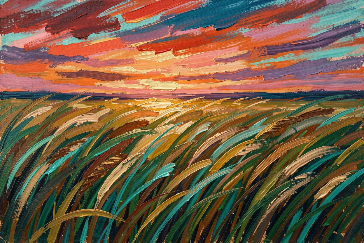 A field of tall grass rippling like waves beneath a sky streaked with the colors of sunset.