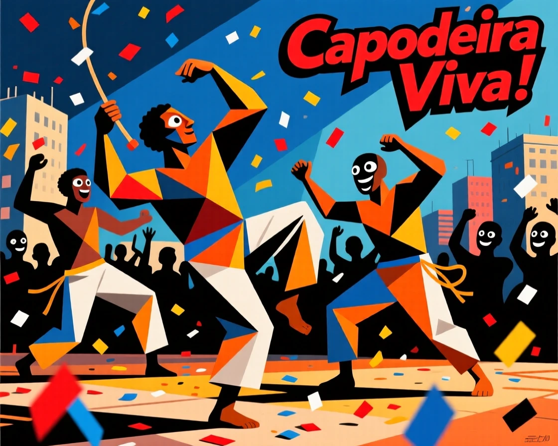 An energetic scene of a group of capoeira dancers, captured amid falling confetti and cheers.