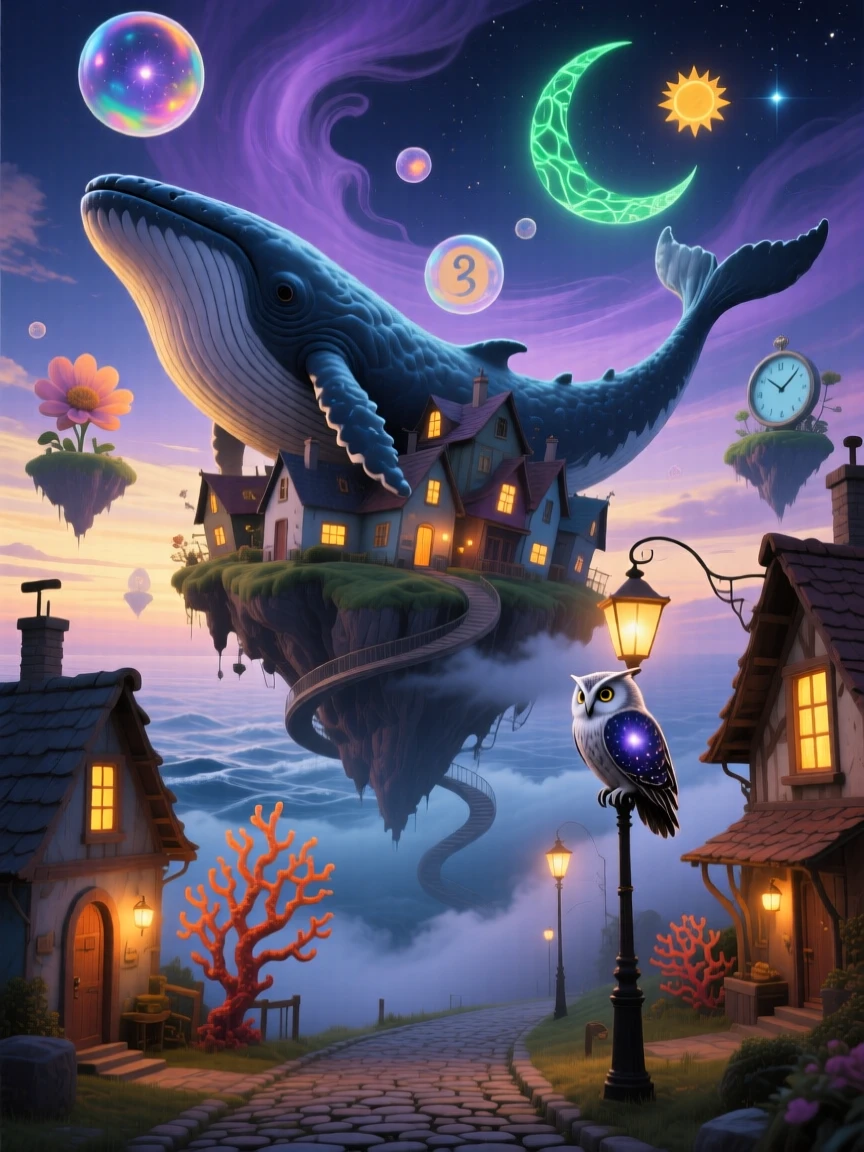 A village balanced on the back of a drifting whale-shaped island tilts at an impossible angle without ever falling, as tiny lights flicker on in its windows one by one.