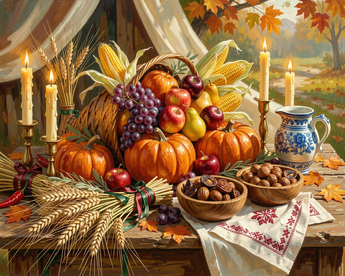 A vibrant harvest festival table displays a cornucopia overflowing with autumn produce beside candles and dried wheat arrangements, small cultural details woven throughout the scene, grounding it in a specific time and place.