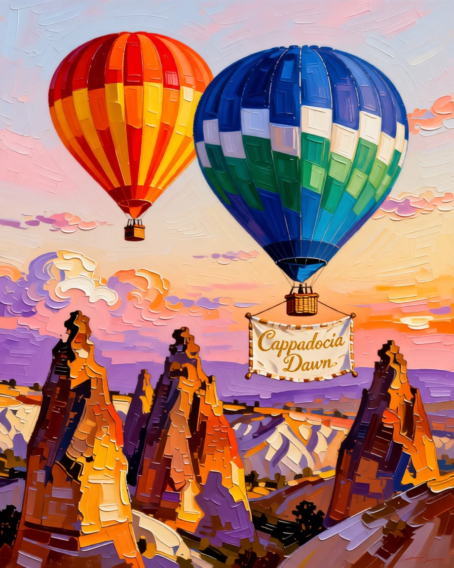A pair of hot air balloons drifting silently over the fairy chimney rock formations of Cappadocia at dawn