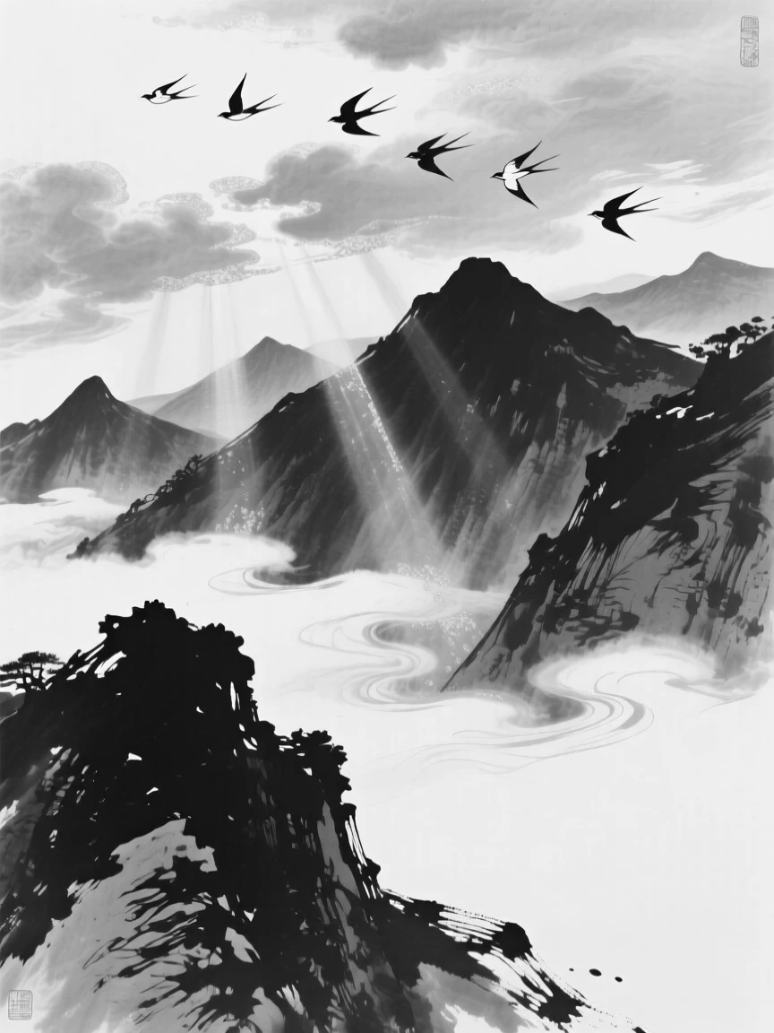 Streaks of golden light break through parting clouds over a mountain range, as birds glide silently through the drifting clouds.