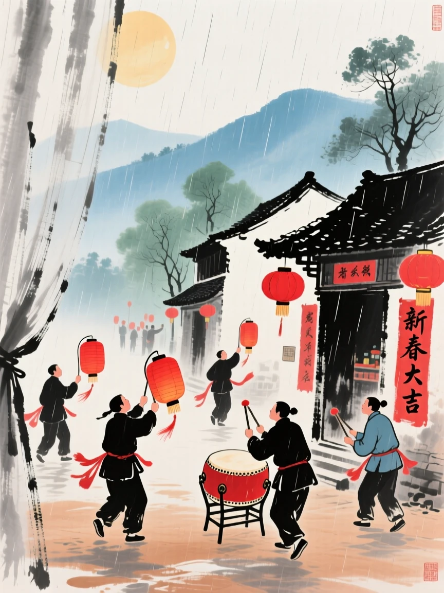 A village celebrating the lunar new year with lanterns and drums, through a curtain of fine rain.