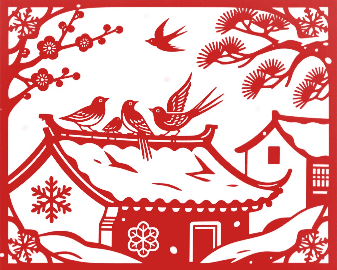 A Winter scene of a snow-covered village rooftop, birds gathering before their seasonal journey.