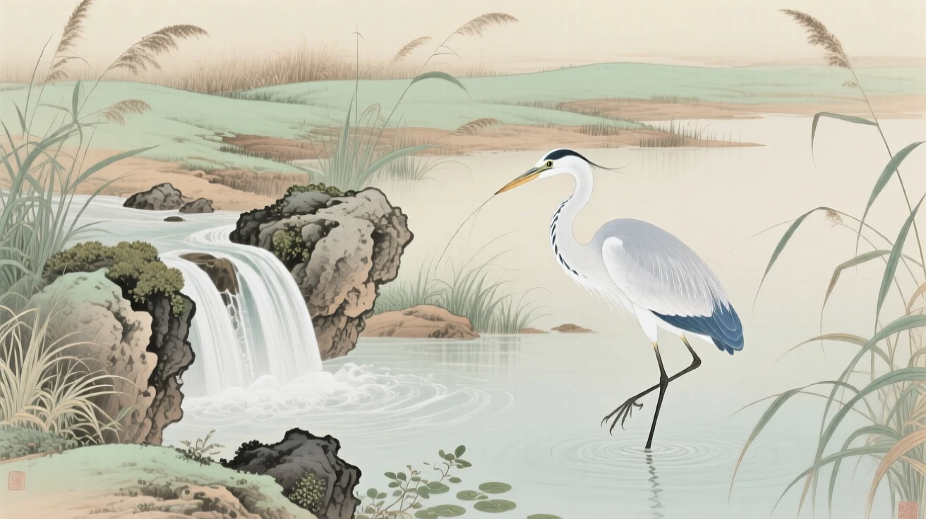 A heron fishing at the edge of a marsh at the base of a small stone waterfall