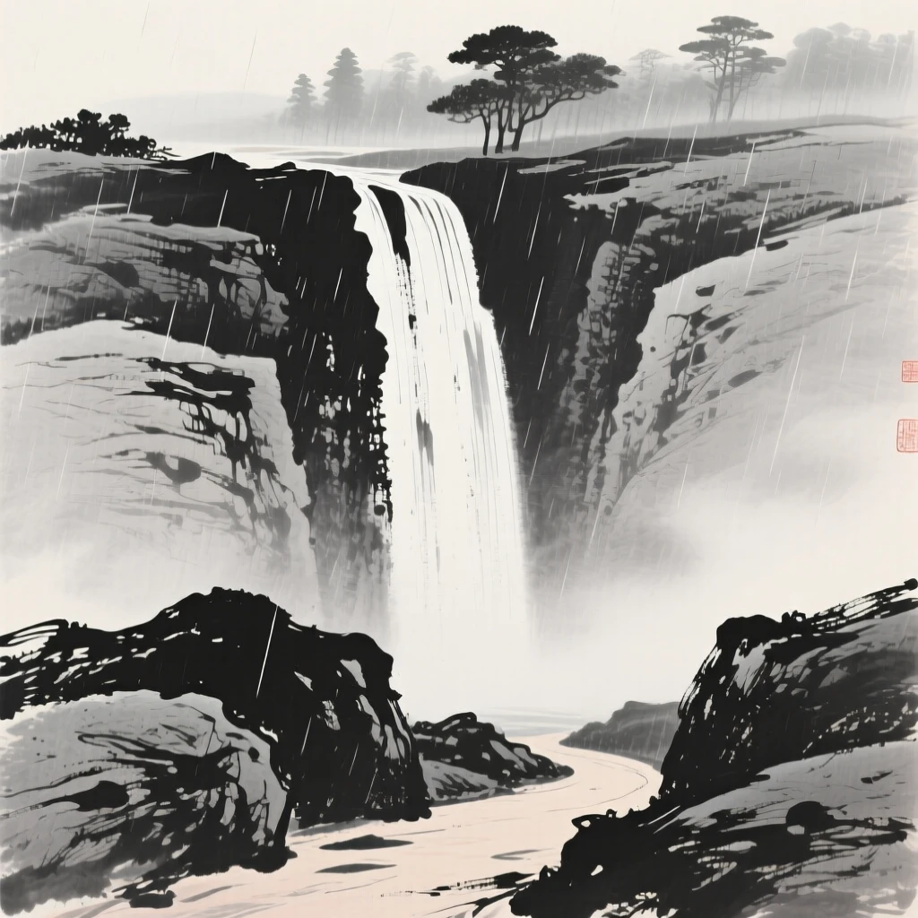 A tall waterfall cascading down layered granite rock while a light rain blurs the distant tree line, captured from a narrow path winding into the depth of the scene, capturing a fleeting, serene moment suspended in time.