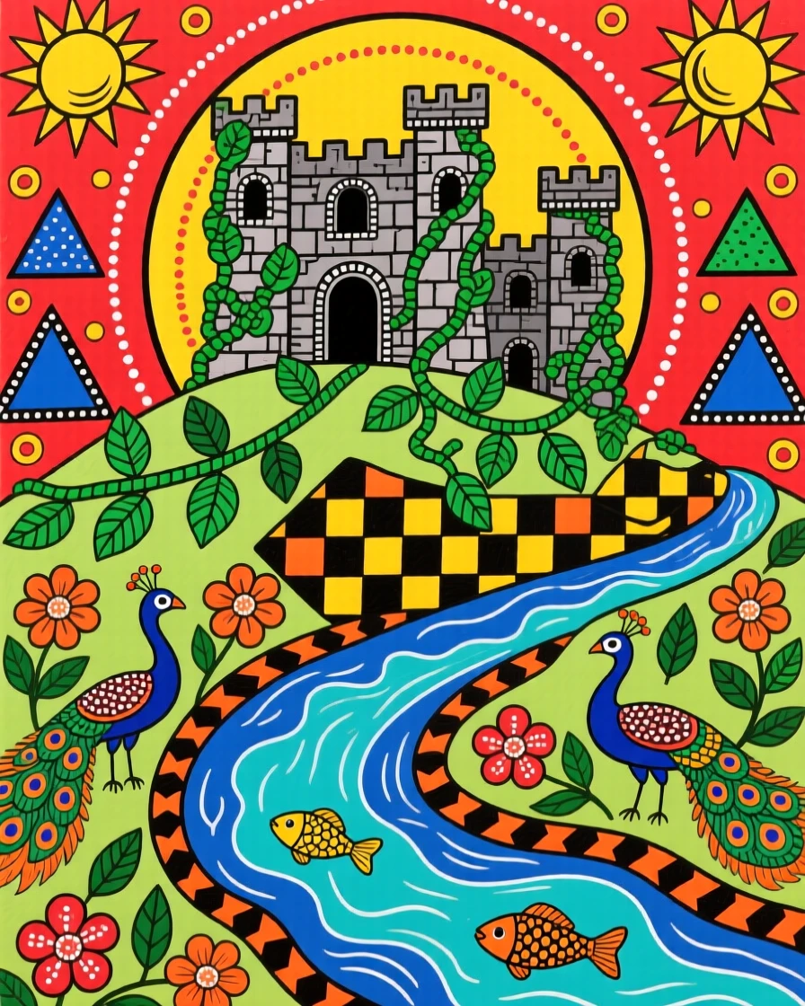 A castle ruin overgrown with ivy above a winding river.