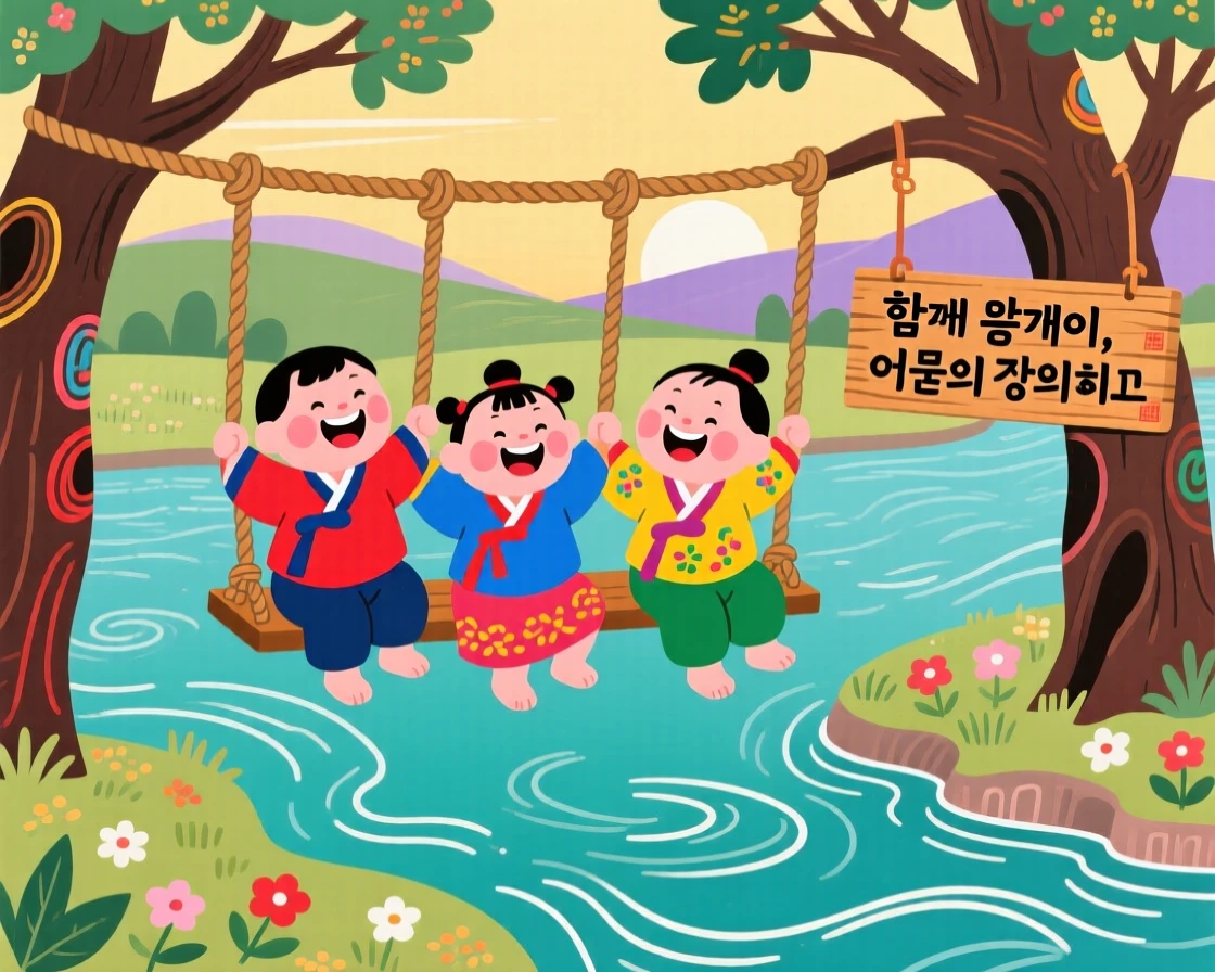 Children laughing together on a rope swing over a river during a quiet summer evening.
