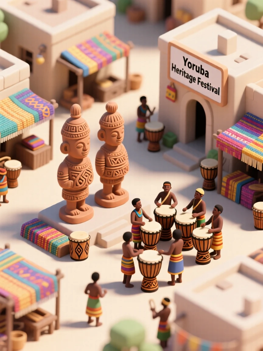 An ancient Yoruba village with terracotta sculptures, a marketplace of woven textiles, and drummers celebrating a festival.