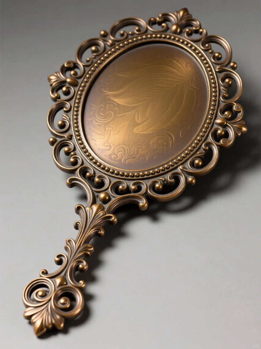 An ornate hand mirror with a carved handle, with delicate texture and fine ornamentation, radiating elegance and refinement
