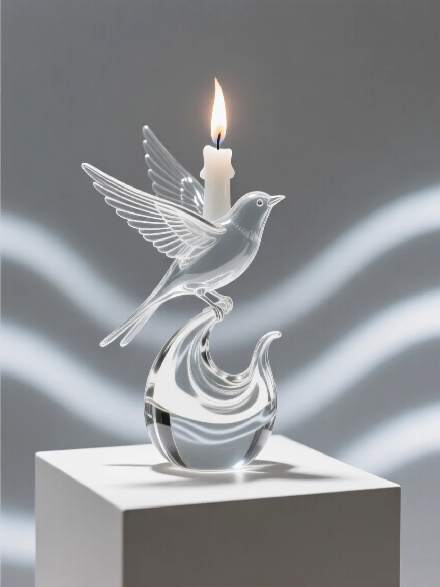 As light radiates outward in gentle waves, a candle flame shaped like a small rising bird