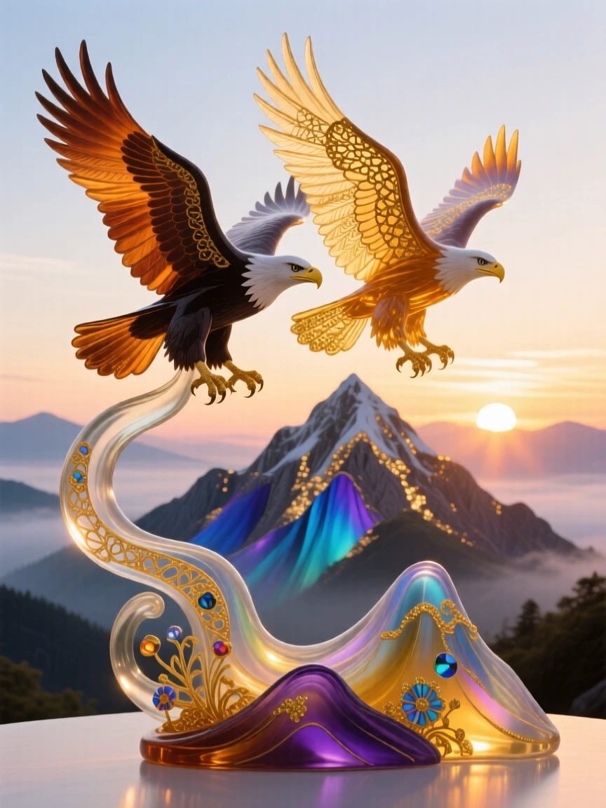 A pair of eagles soaring together above a mountain range glowing at the very first light of dawn, majestic and free.