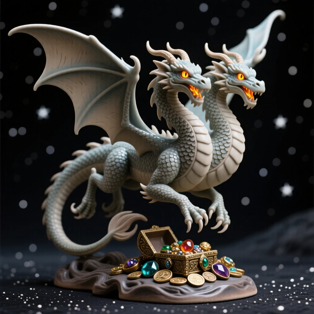 A two-headed dragon guarding a treasure hoard frozen mid-flight against a starry sky, its eyes glowing with an inner fire, stirring a sense of awe and quiet reverence.