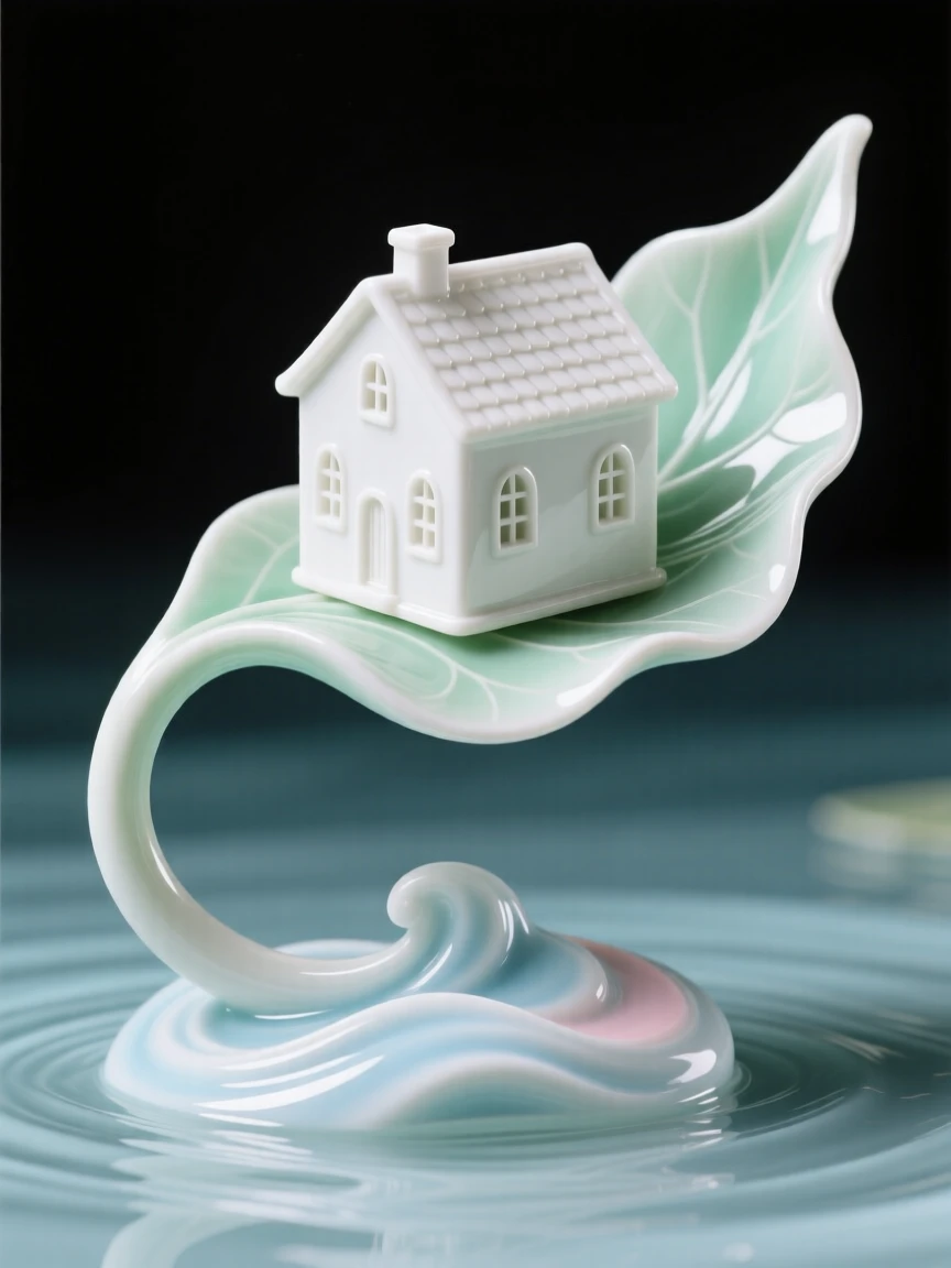 A surreal composition where a single leaf carries a tiny house downstream, the scene calm despite its impossible logic.