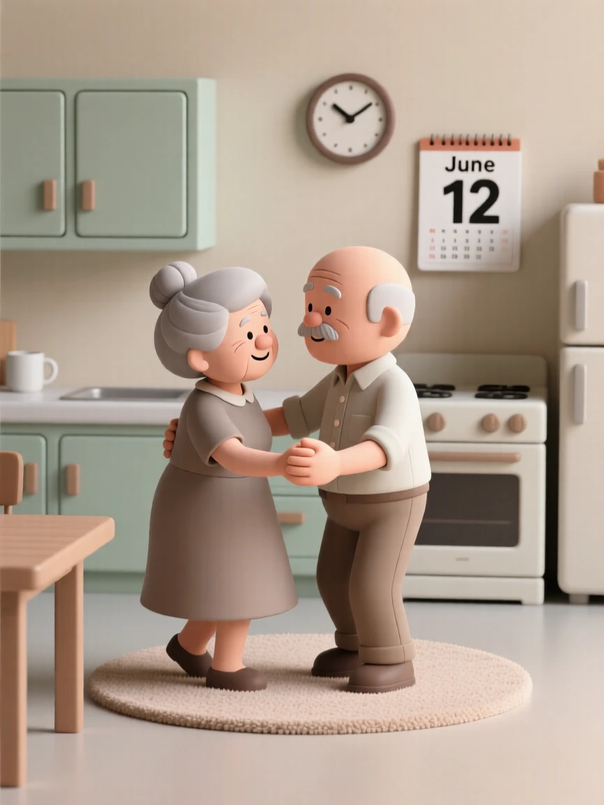A gentle grandmother and grandfather dance slowly together in the kitchen to a song from their youth.