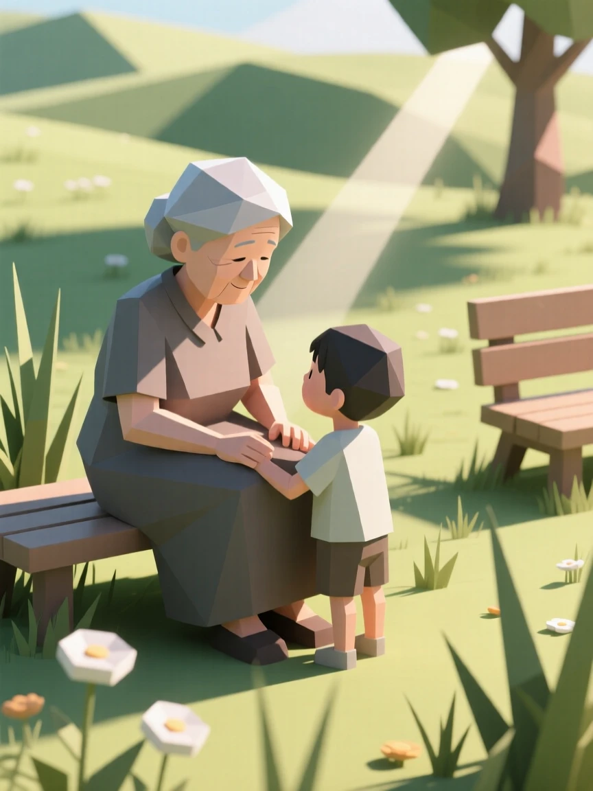 A grandmother and grandchild sharing a quiet moment, in a quiet, sunlit meadow. fine details in expression bring the moment to life. The atmosphere feels calm and reflective.
