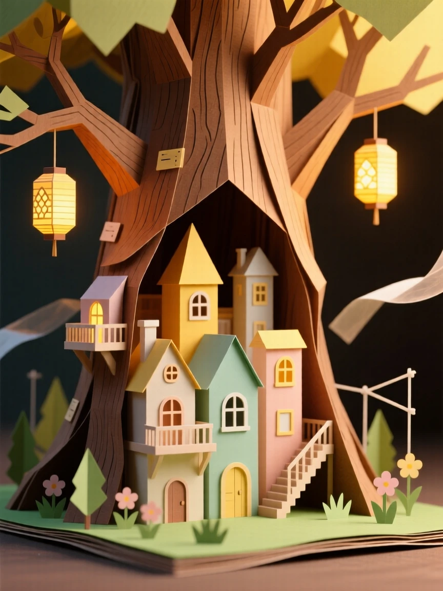 A city nestled within a massive tree illuminated by warm golden light, with gentle motion suggesting quiet magic, evoking a sense of boundless imagination.