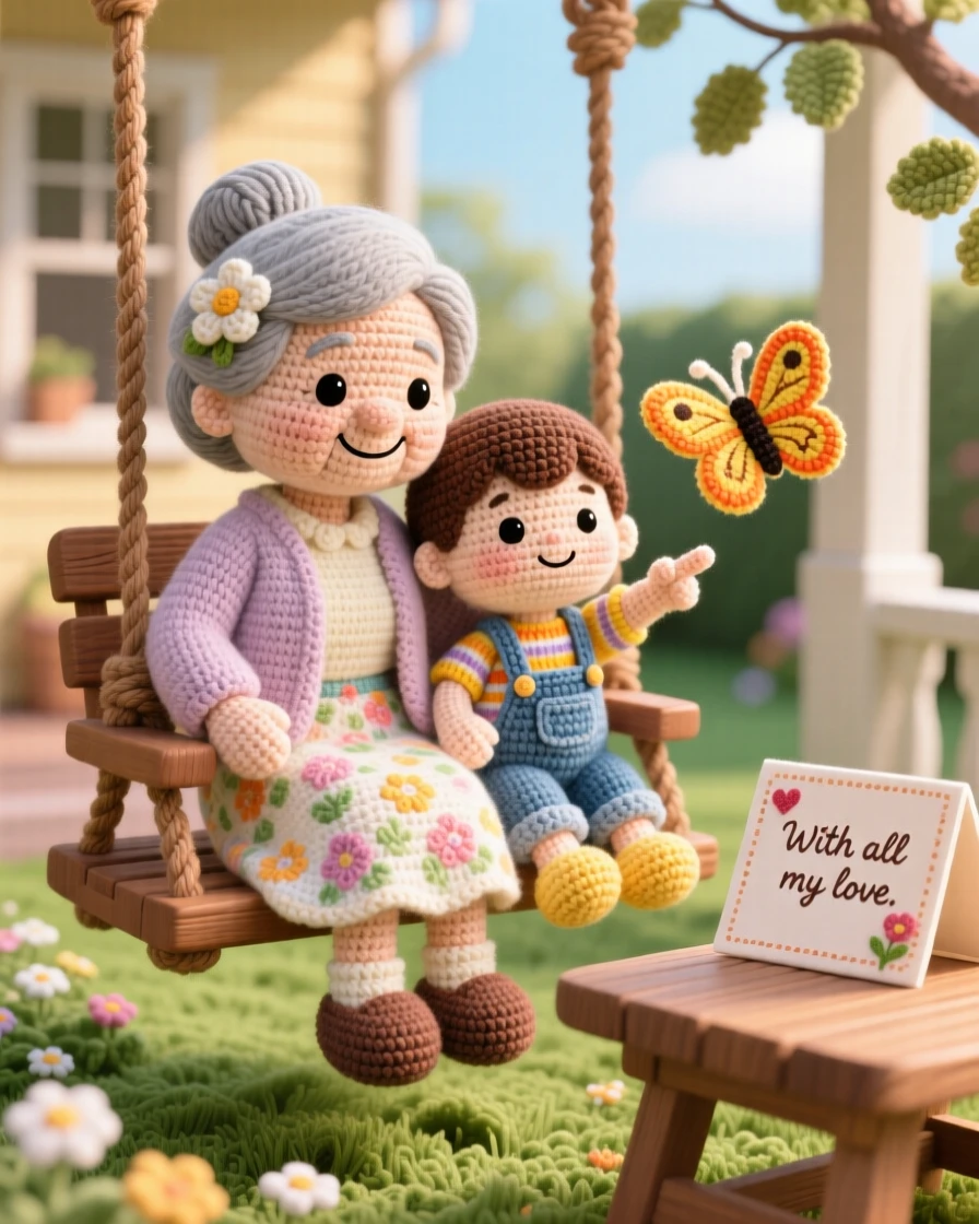 a grandmother rocking gently on a porch swing with her grandchild, sharing a quiet afternoon together, pointing out a passing butterfly, in a sunny backyard set up for togetherness, with a handmade card resting on the table, radiating deep, unconditional love and togetherness.
