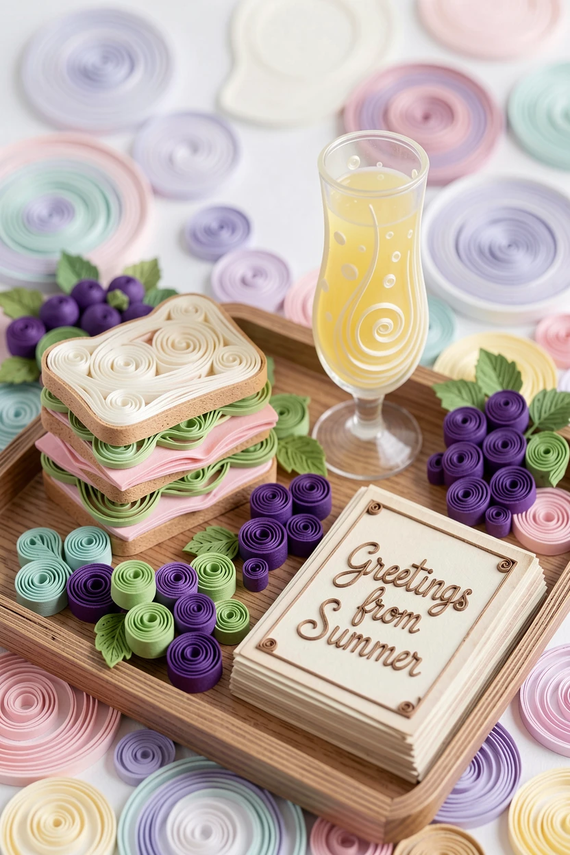a picnic spread of sandwiches, grapes, and lemonade, on a tray beside a stack of vintage postcards, framed with a shallow depth of field on the main subject, in bright, cheerful pastel colors.