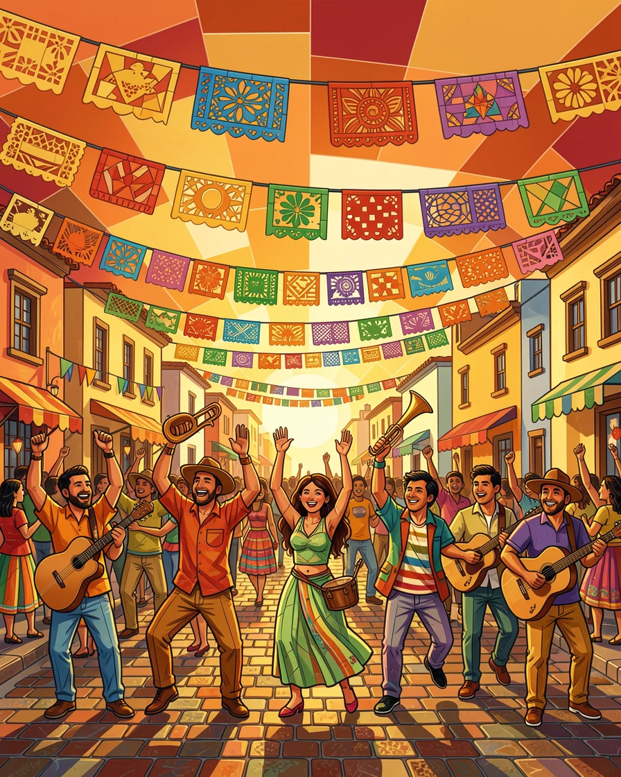 A lively street festival in mexico with papel picado banners overhead, filled with warm light, motion, and joyful energy.