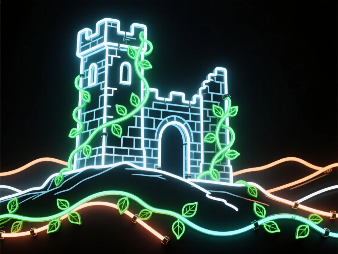 A ruined keep overtaken by ivy on a remote hillside.