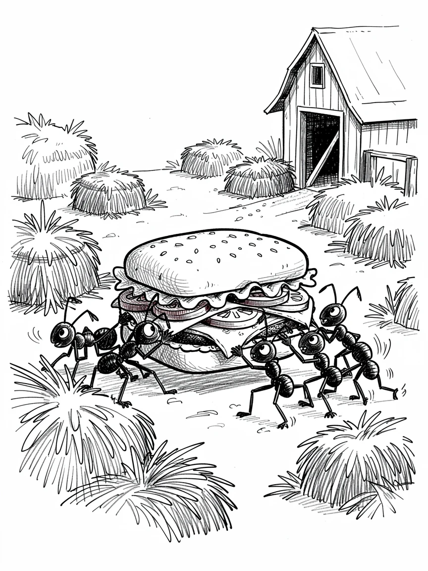 A group of ants carrying a picnic sandwich together in a barnyard full of hay bales.