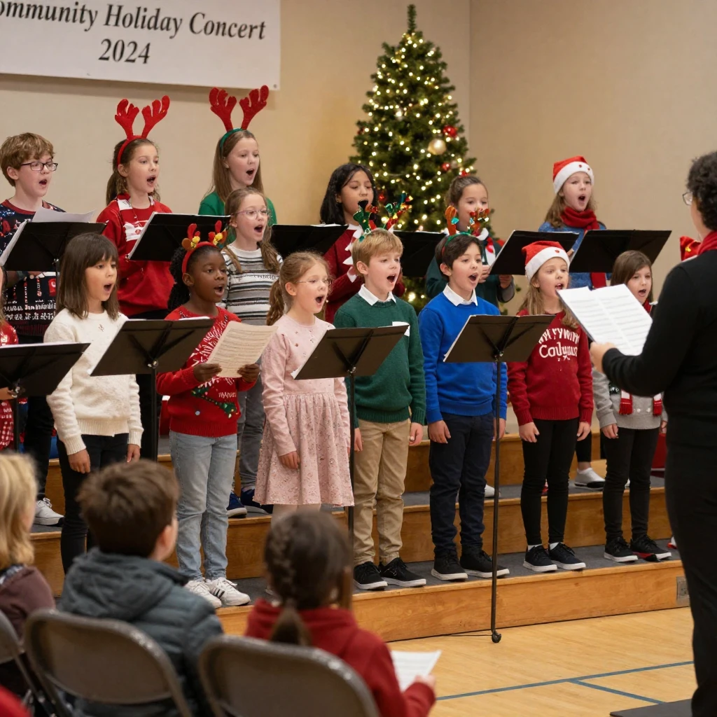 A children's choir performs on risers at a community holiday concert.