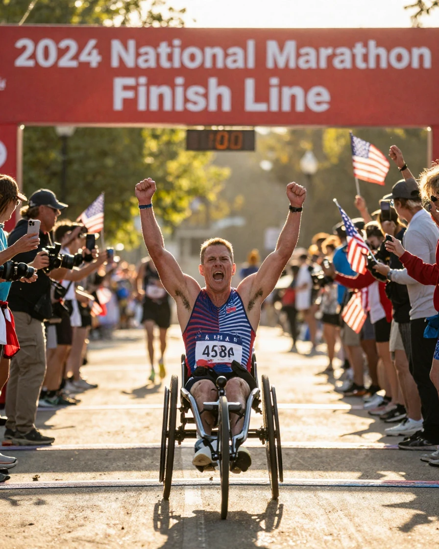 A wheelchair athlete crossing the finish line of a marathon, arms raised in triumph