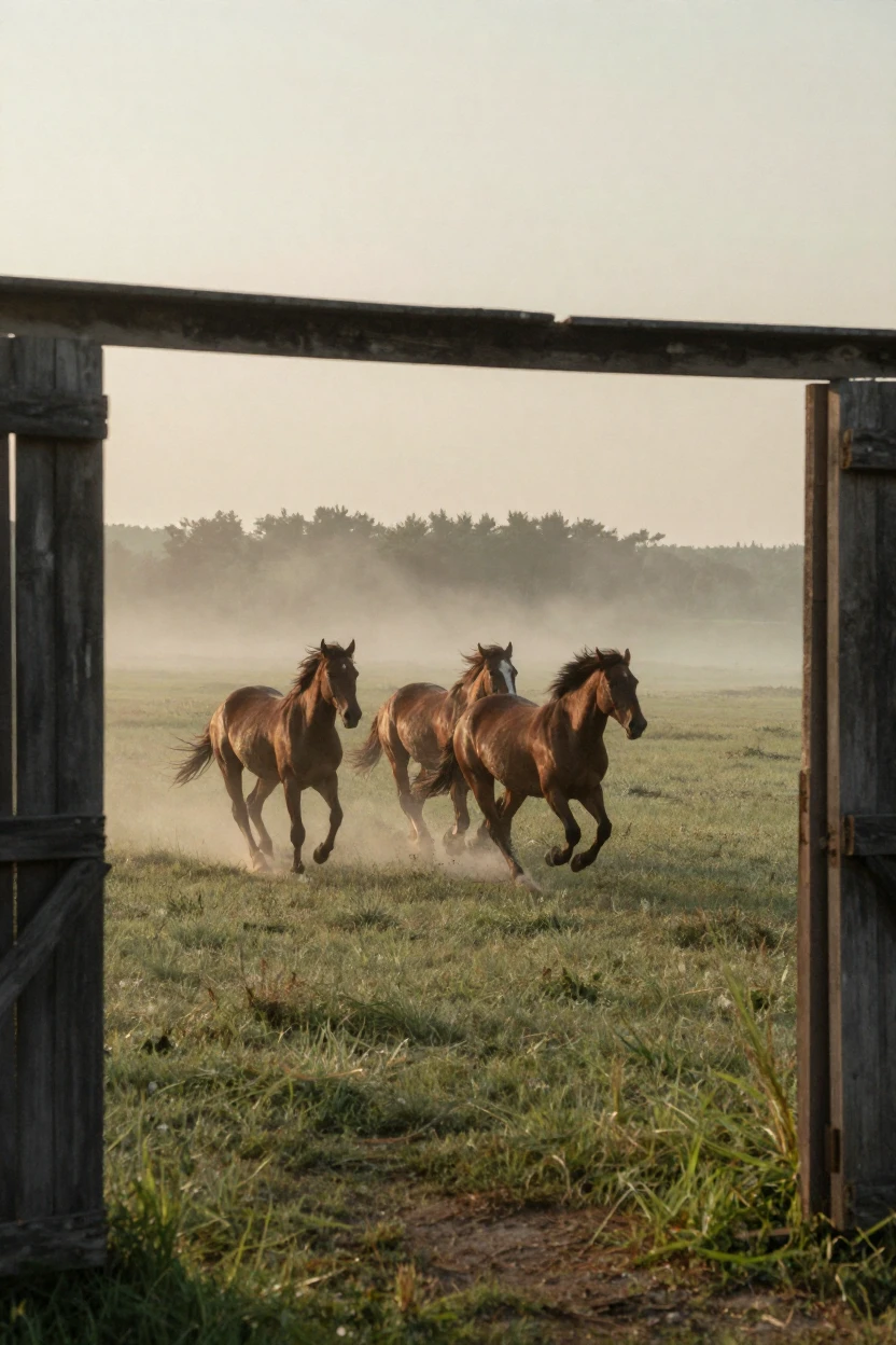 A sudden burst of wild horses running free across an open plain, in the pale light just before sunrise, as mist rises off the ground, during the long days of summer, with muted olive and rust colors, framed through an open doorway.