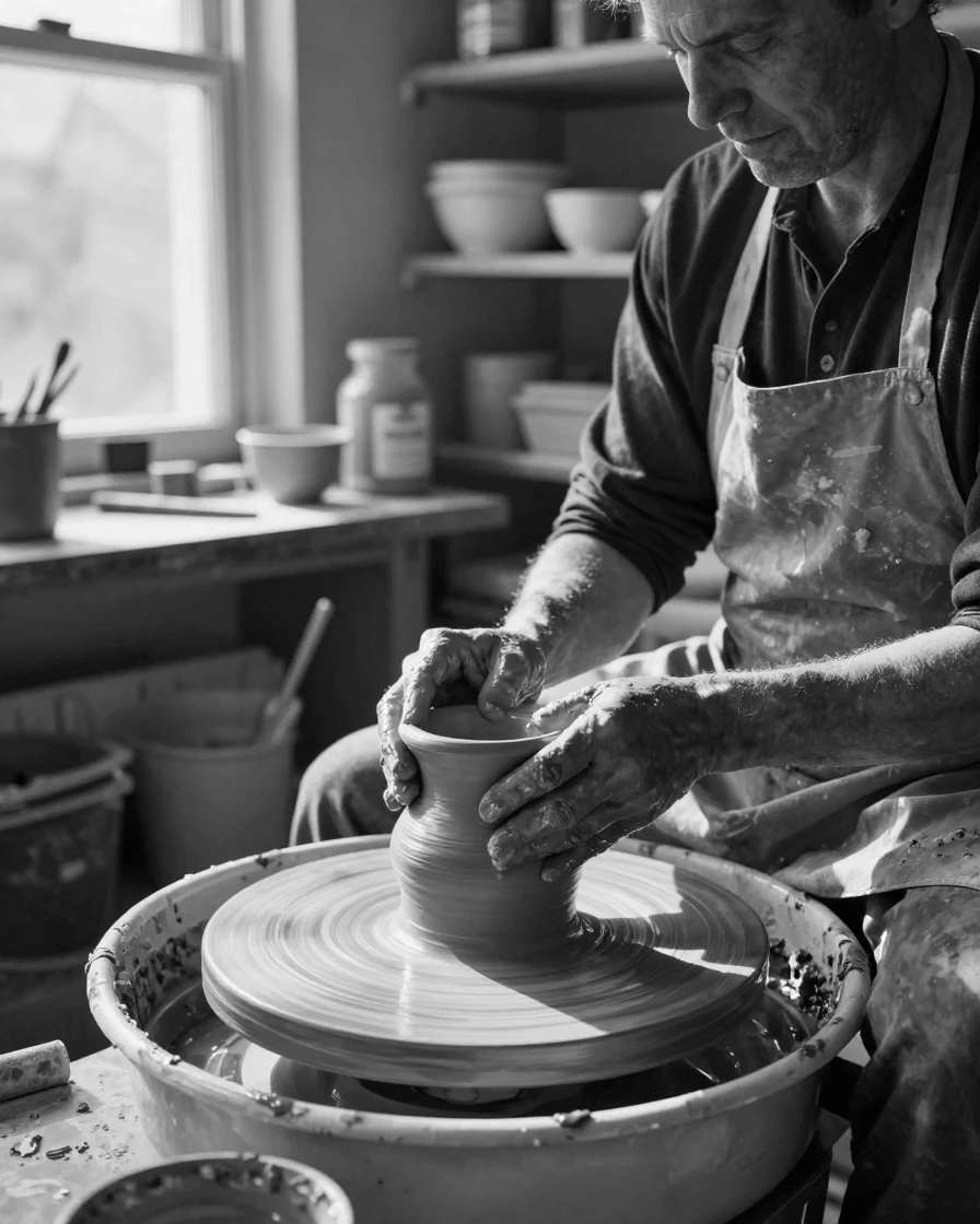 A potter shapes wet clay on a spinning wheel beside a sunlit workshop window.