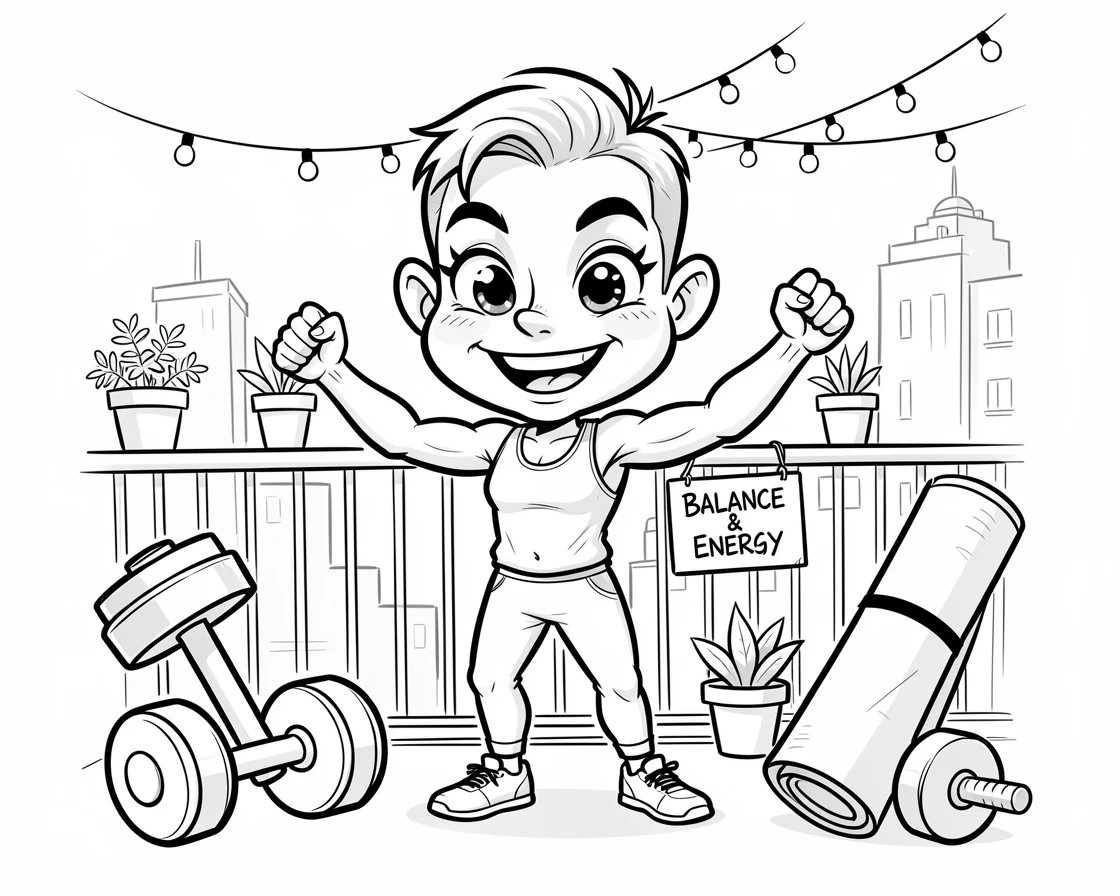 [Trending & Universal Topics] Modern lifestyle scene of an energetic home fitness enthusiast decorating a small apartment balcony, capturing everyday joy