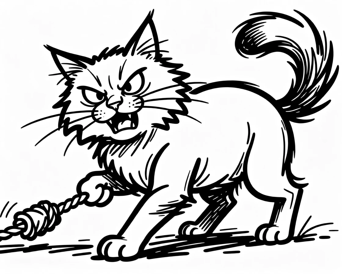 A maine coon cat playing tug of war with a rope toy, back paws braced and determined.